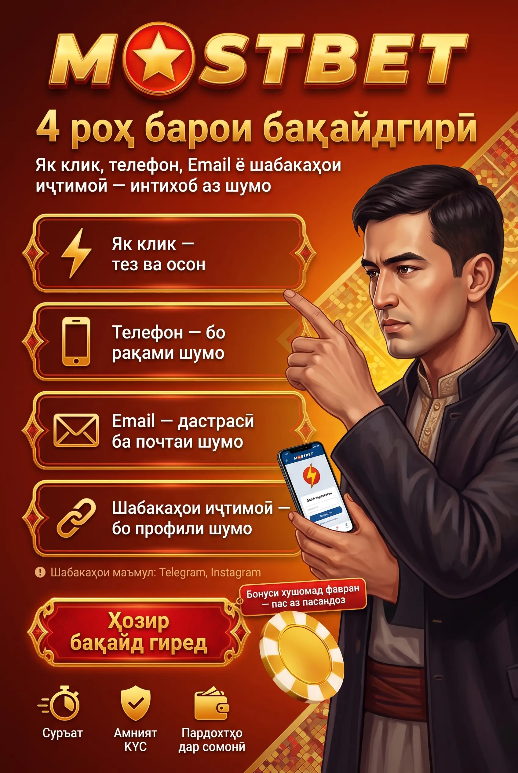 Роҳҳои кушодани ҳисоб дар Mostbet